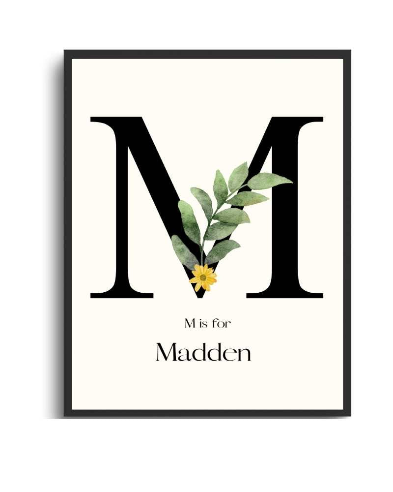 Personalized Name Framed Poster – Custom Flower Design, Nursery & Kids’ Room Wall Art - M Semi Glossy Black