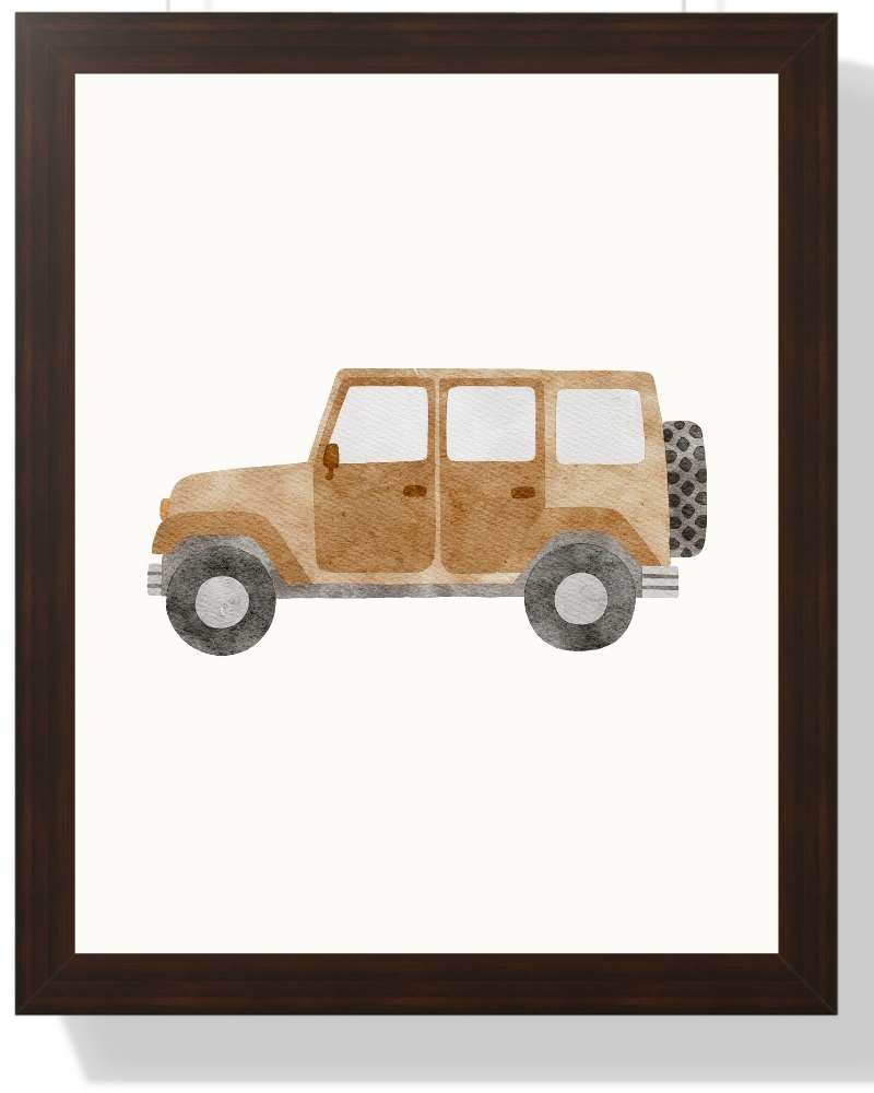 Adventure Jeep Framed Print - Watercolor Art for Travel Enthusiasts Semi Glossy Brown