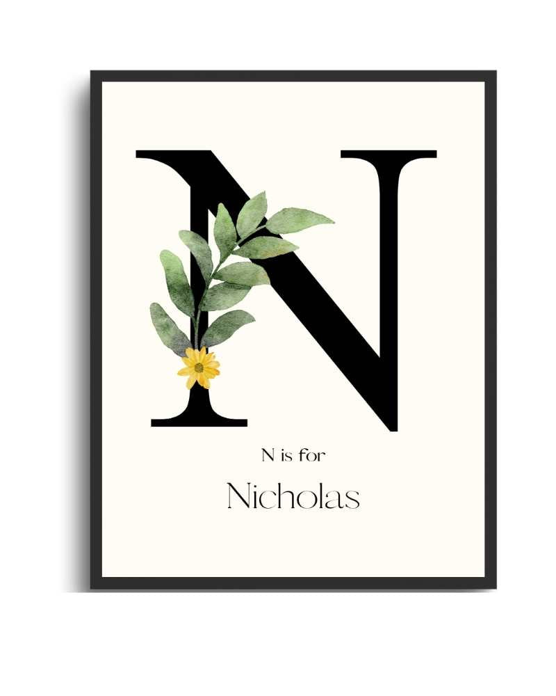 Personalized Name Framed Poster – Custom Flower Design, Nursery & Kids’ Room Wall Art - N Semi Glossy Black