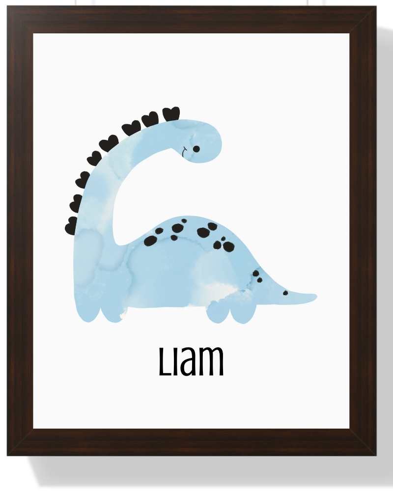 Personalized Dinosaur Framed Print for Kids - Colorful Nursery Art Semi Glossy Brown