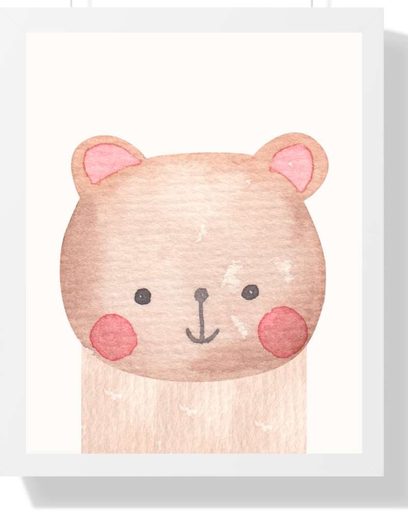 Bear Framed Print - Multi-Color Watercolor Art for Kids' Rooms Semi Glossy White
