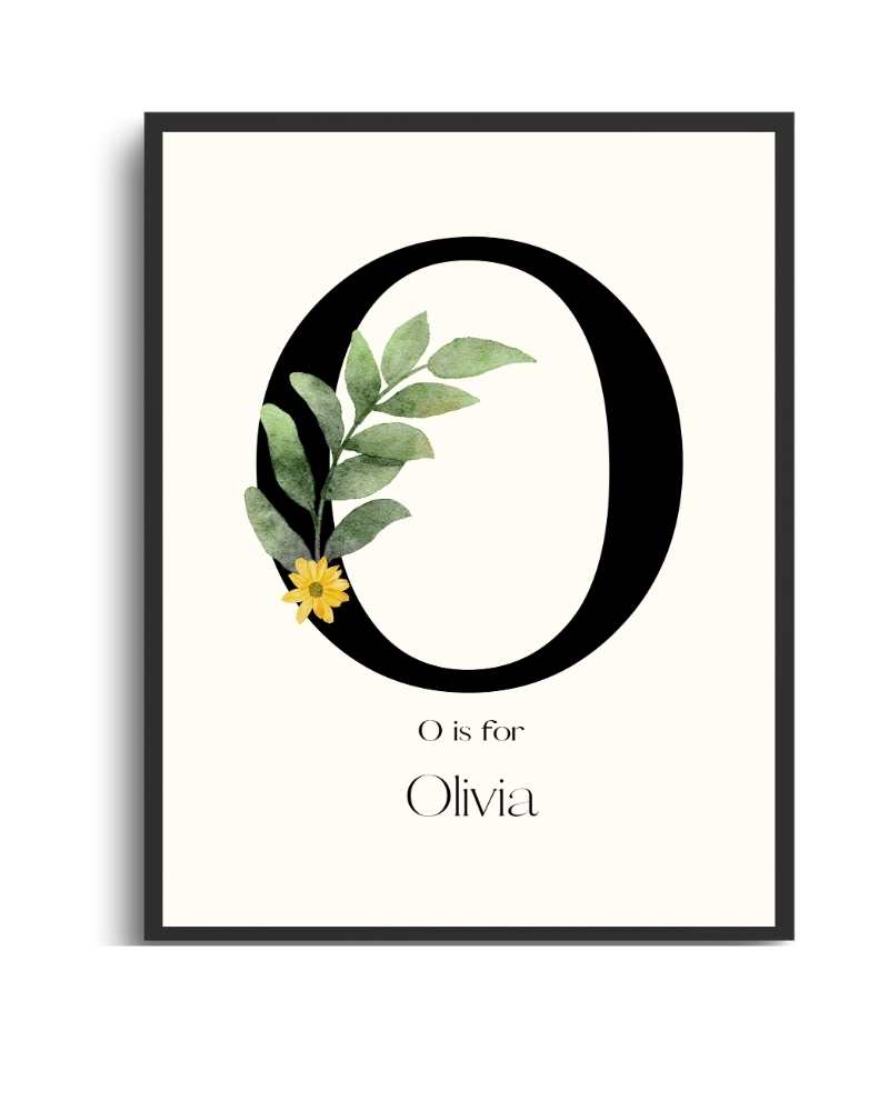 Personalized Name Framed Poster – Custom Flower Design, Nursery & Kids’ Room Wall Art - O Semi Glossy Black
