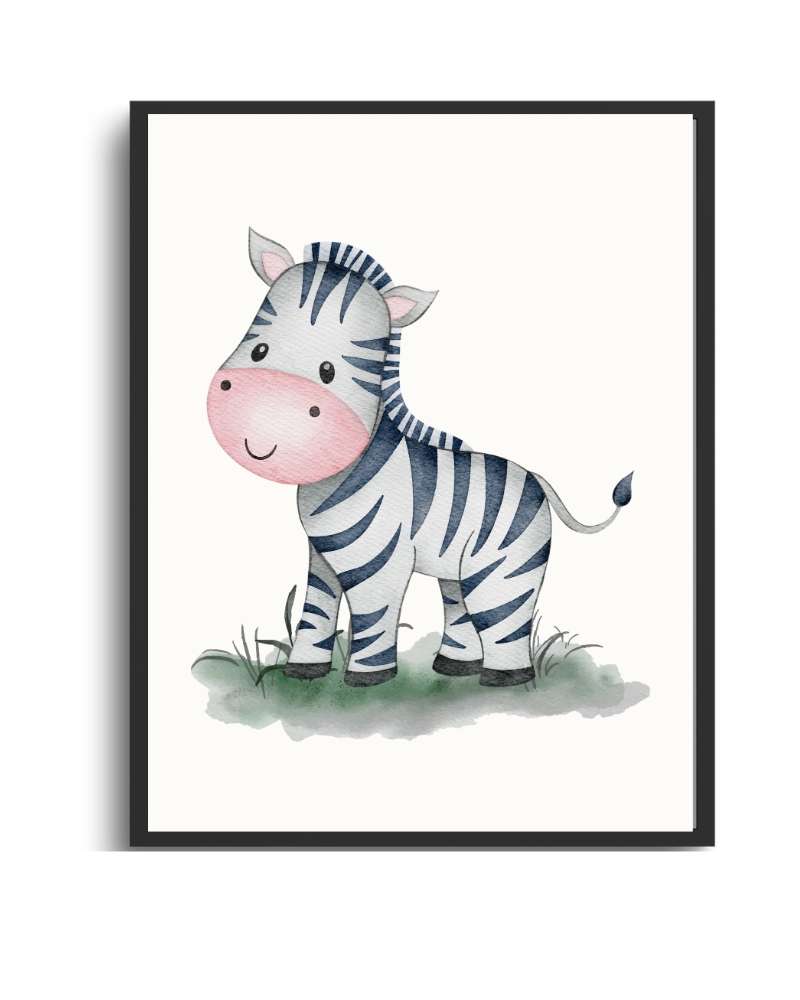 Zebra Framed Print - Whimsical Animal Art for Kids' Rooms Semi Glossy Black