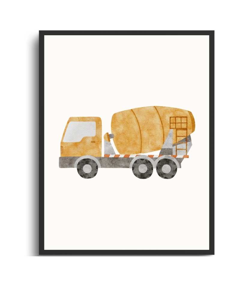 Watercolor Construction Truck Framed Print - Perfect for Kids' Rooms and Construction Enthusiasts Semi Glossy Black