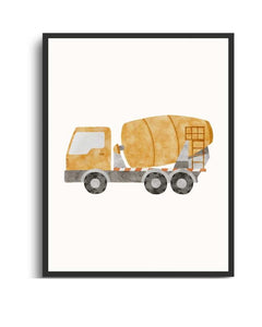 Watercolor Construction Truck Framed Print - Perfect for Kids' Rooms and Construction Enthusiasts Semi Glossy Black