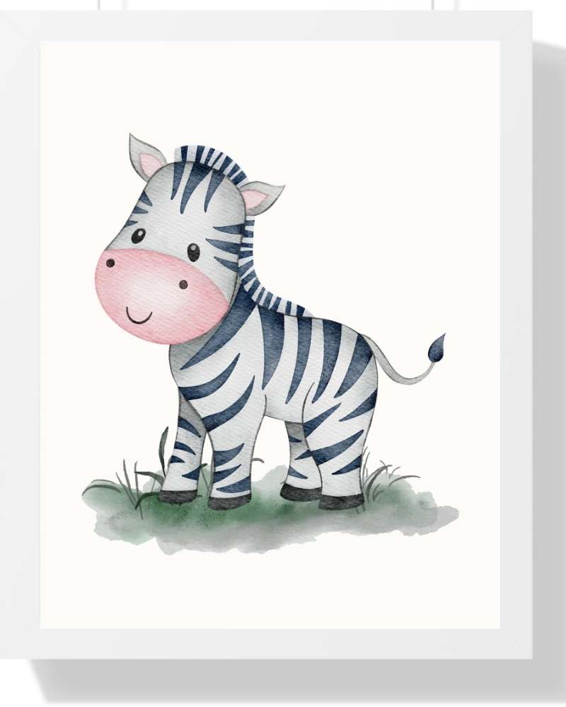 Zebra Framed Print - Whimsical Animal Art for Kids' Rooms Semi Glossy White