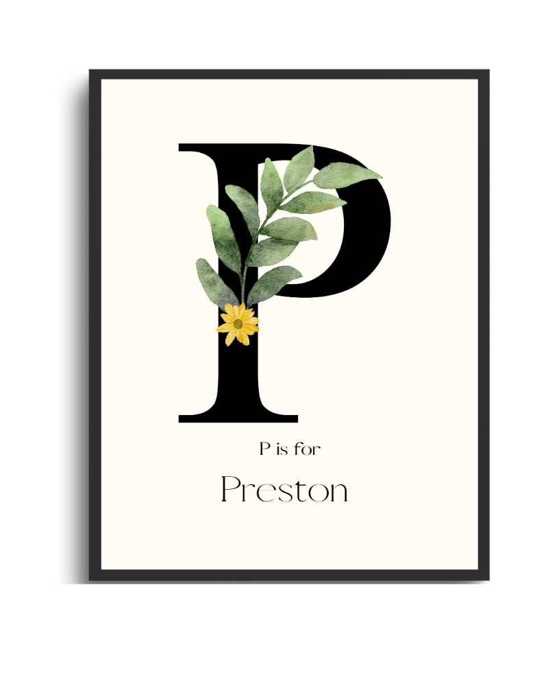 Personalized Name Framed Poster – Custom Flower Design, Nursery & Kids’ Room Wall Art - P Semi Glossy Black