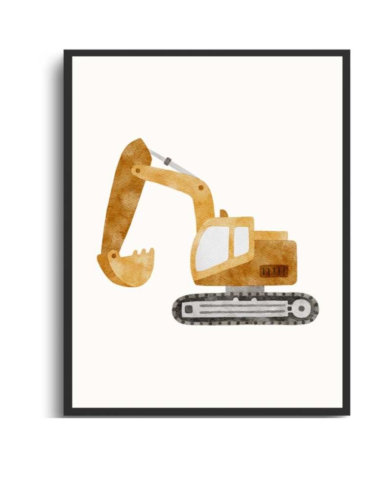 Watercolor Excavator Framed Print - Construction Decor for Kids' Rooms Semi Glossy Black