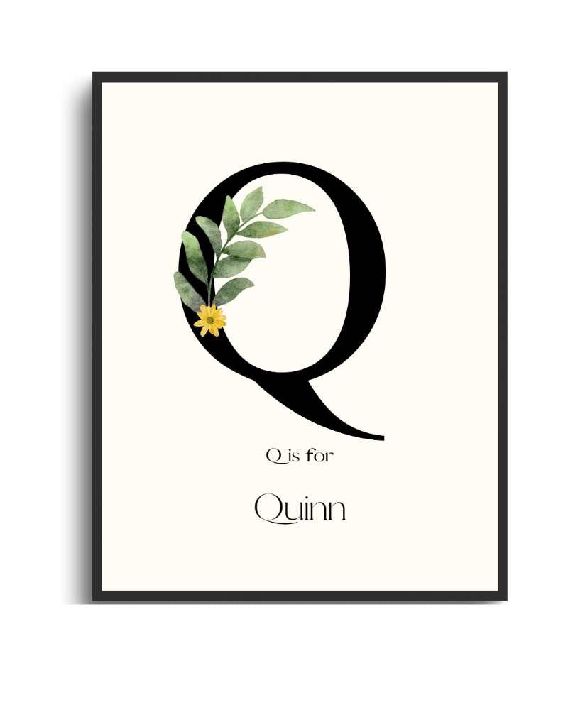 Personalized Name Framed Poster – Custom Flower Design, Nursery & Kids’ Room Wall Art - Q Semi Glossy Black