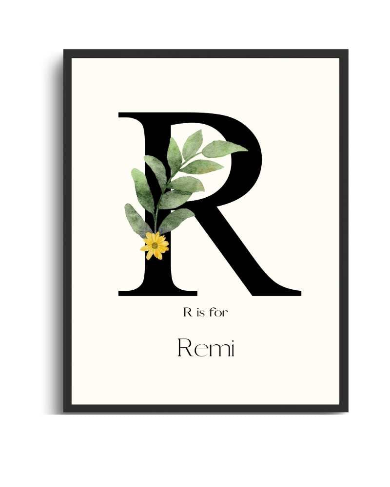 Personalized Name Framed Poster – Custom Flower Design, Nursery & Kids’ Room Wall Art - R Semi Glossy Black