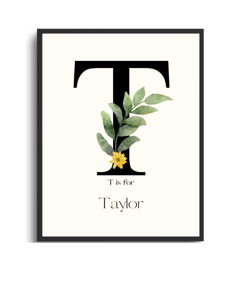 Personalized Name Framed Poster – Custom Flower Design, Nursery & Kids’ Room Wall Art - T Semi Glossy Black