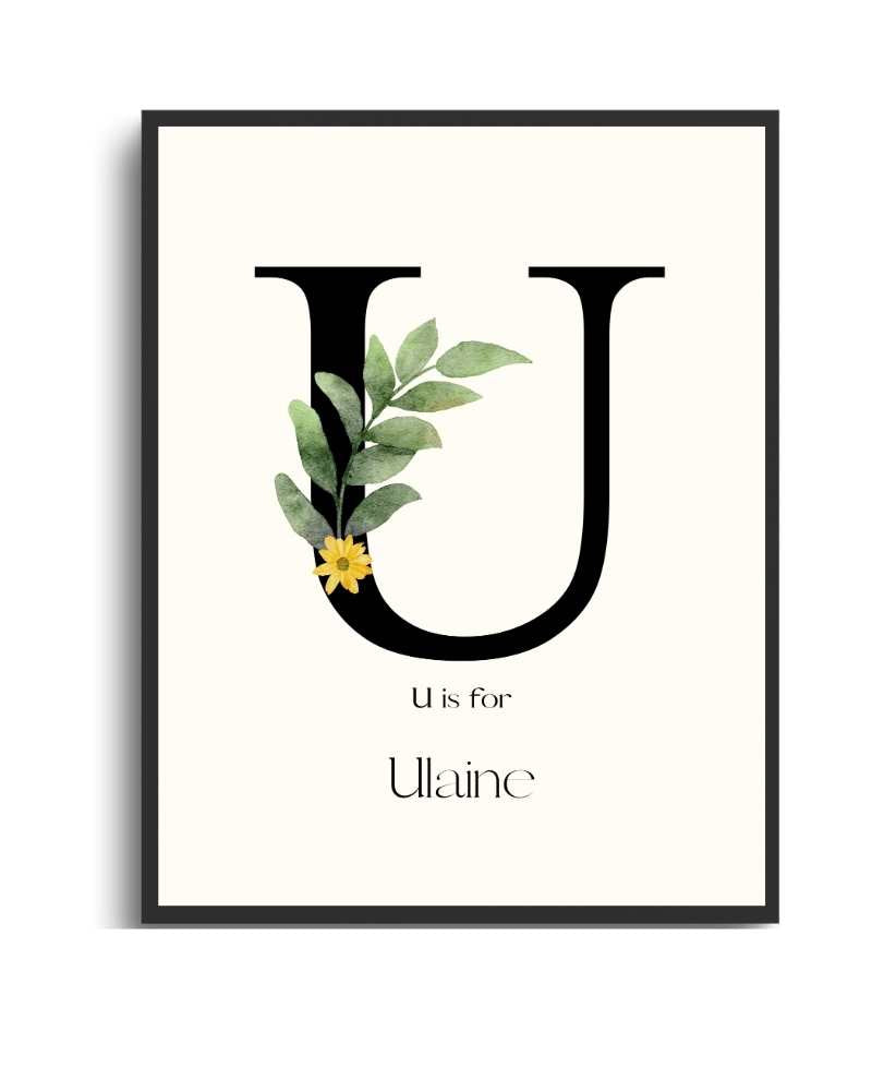Personalized Name Framed Poster – Custom Flower Design, Nursery & Kids’ Room Wall Art - U Semi Glossy Black