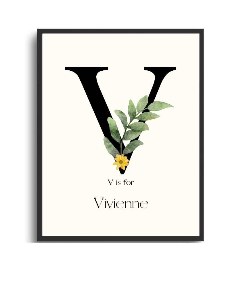 Personalized Name Framed Poster – Custom Flower Design, Nursery & Kids’ Room Wall Art - V Semi Glossy Black