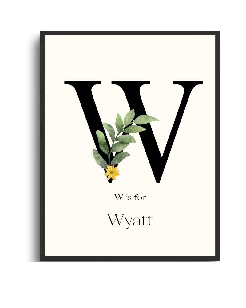 Personalized Name Framed Poster – Custom Flower Design, Nursery & Kids’ Room Wall Art - W Semi Glossy Black