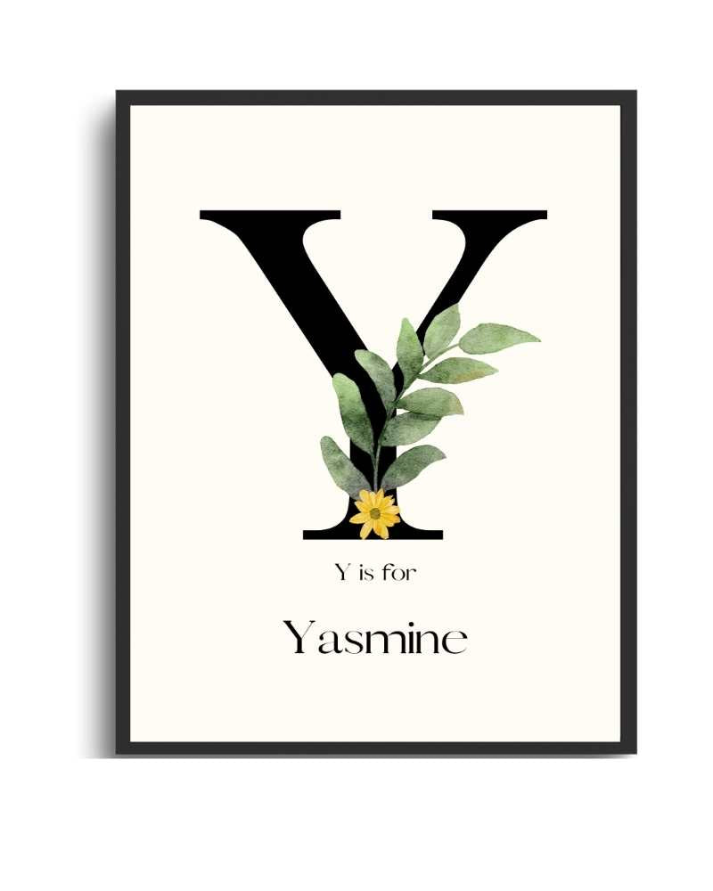Personalized Name Framed Poster – Custom Flower Design, Nursery & Kids’ Room Wall Art - Y Semi Glossy Black