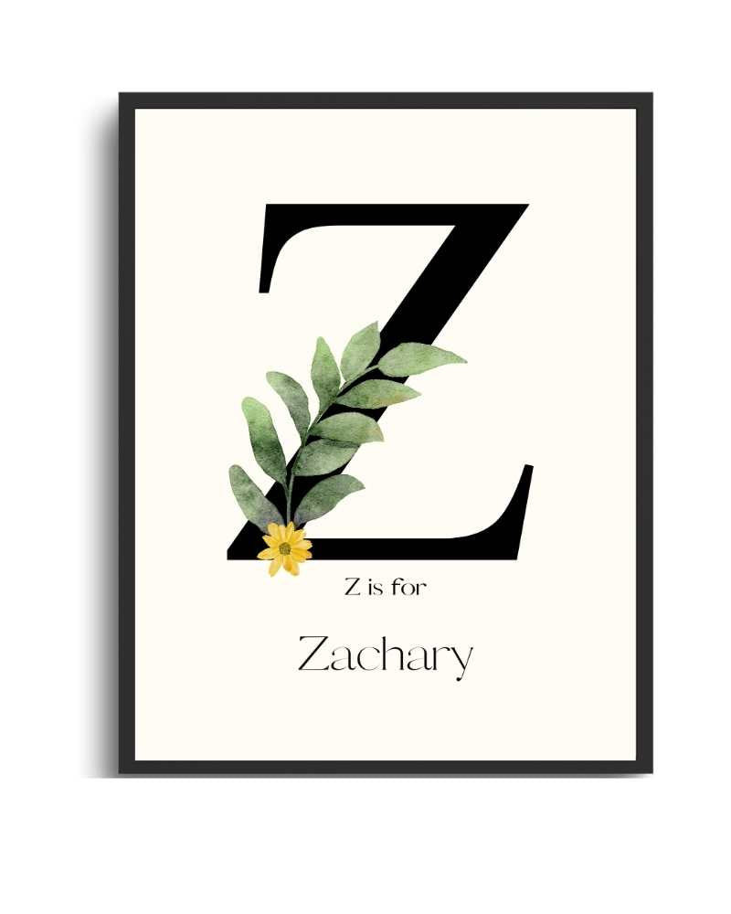 Personalized Name Framed Poster – Custom Flower Design, Nursery & Kids’ Room Wall Art - Z Semi Glossy Black