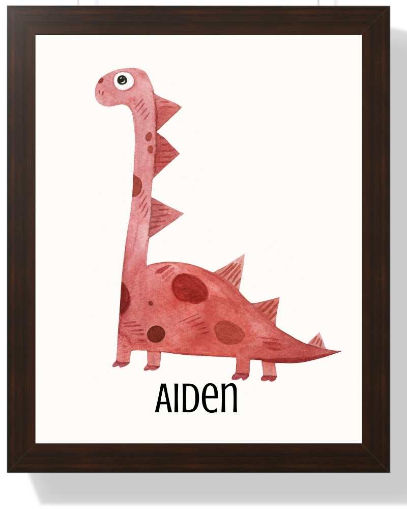 Personalized Dinosaur Framed Print - Colorful Kids Wall Art for nurseries and Playrooms Semi Glossy Brown