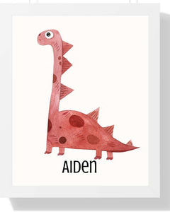 Personalized Dinosaur Framed Print - Colorful Kids Wall Art for nurseries and Playrooms Semi Glossy White