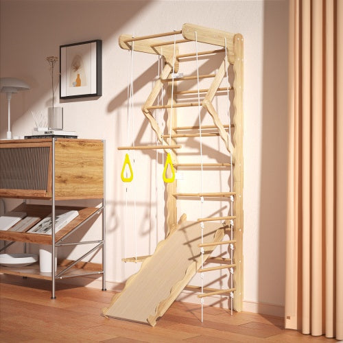 Foldable Montessori Wooden Pikler Triangle Set – Indoor Toddler Climbing Gym with Ladder & Slide | Eco-Friendly Pine Wood Natural Wood