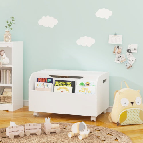 Wooden Toy Box with Wheels & Bookshelf – Kids' Storage Organizer with Flip-Top Lid & Safety Hinge