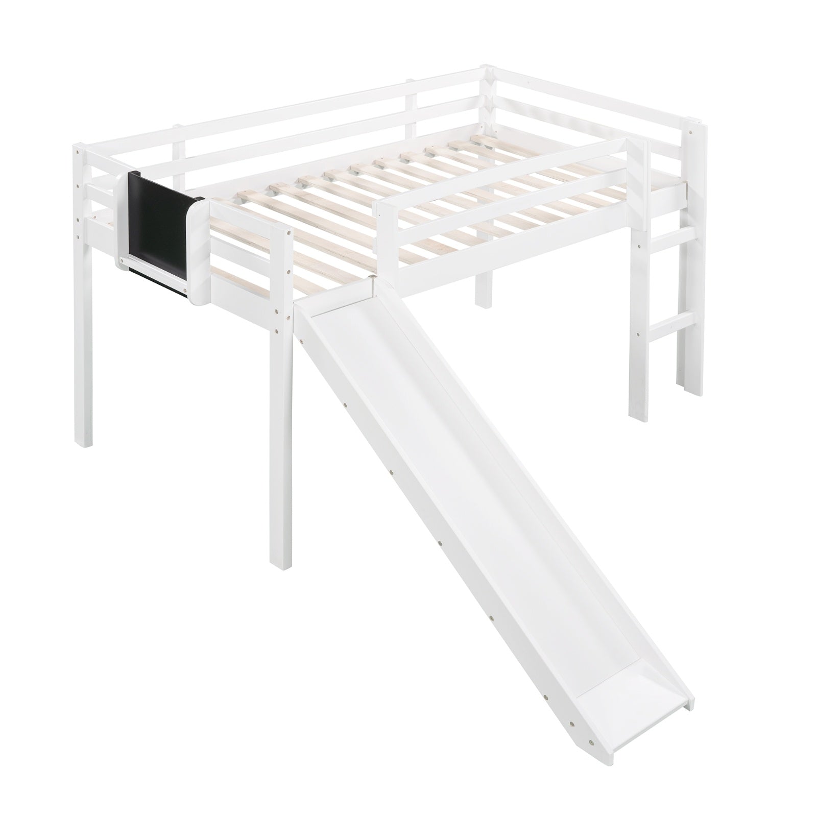 Twin Size Loft Bed with Slide, Staircase & Chalkboard – White Solid Wood Kids Bed