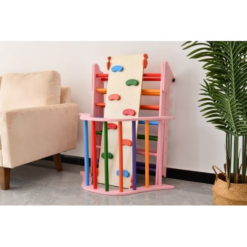Foldable Pink Montessori Pikler Triangle Set – Indoor Wooden Climbing Toys for Toddlers