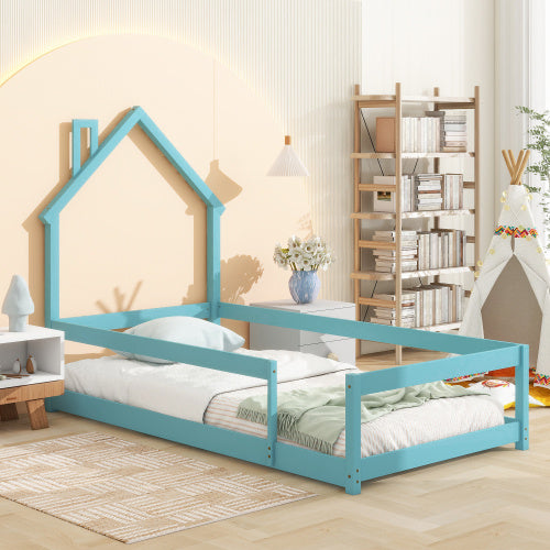 Twin Size House Bed with Guard Rails, Light Blue Wood Floor Bed for Kids, Toddler Bed
