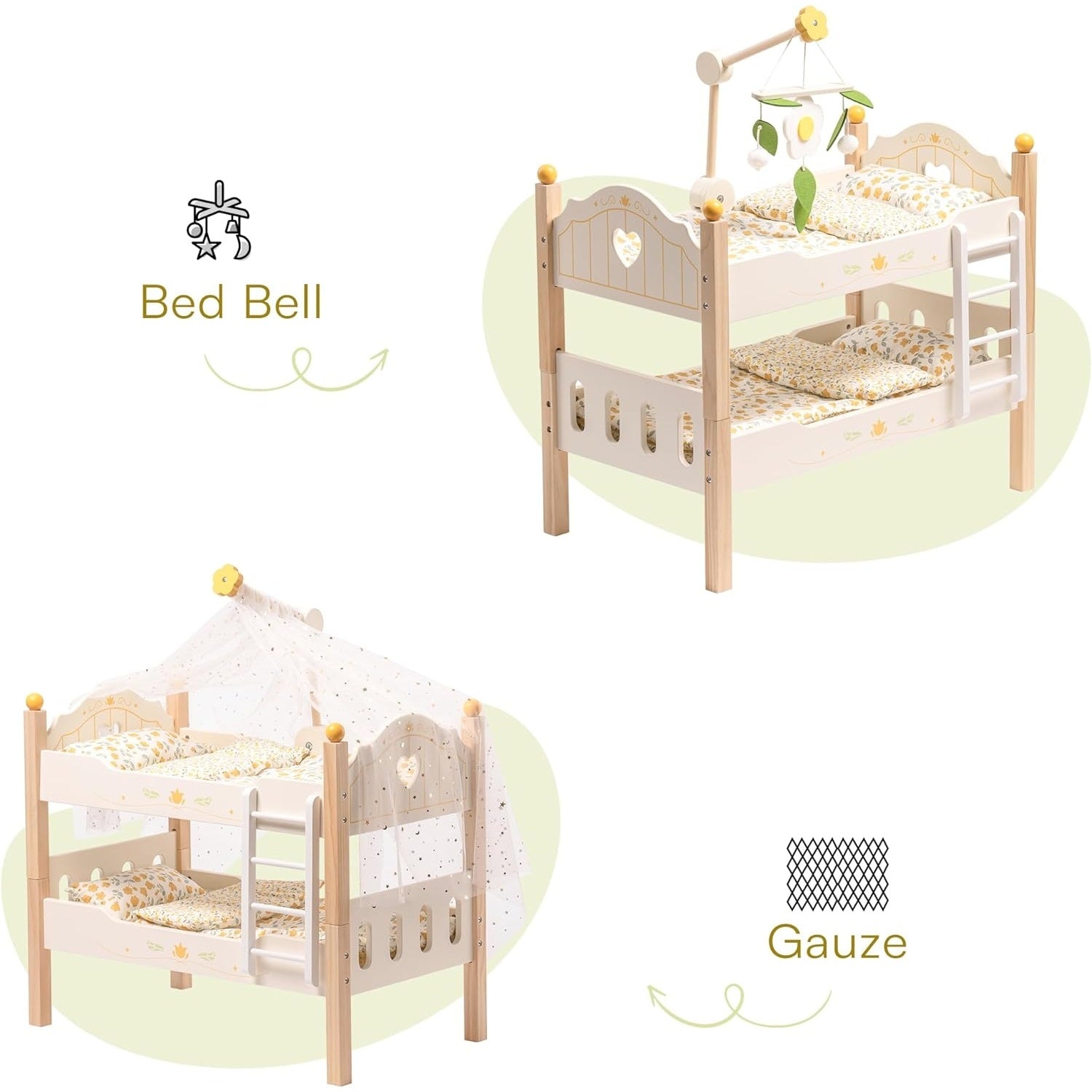 Wooden Baby Doll Bunk Beds – Stackable Cribs for 18-Inch Dolls | Fits American Girl Dolls | Yellow | 21.7 x 11.9 x 18.1 inches