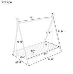 House Bed Tent Bed Frame – Double Size Metal Floor Playhouse for Kids, Boys & Girls – Sturdy Slats, No Box Spring Needed, Safe & Fun Design (White)