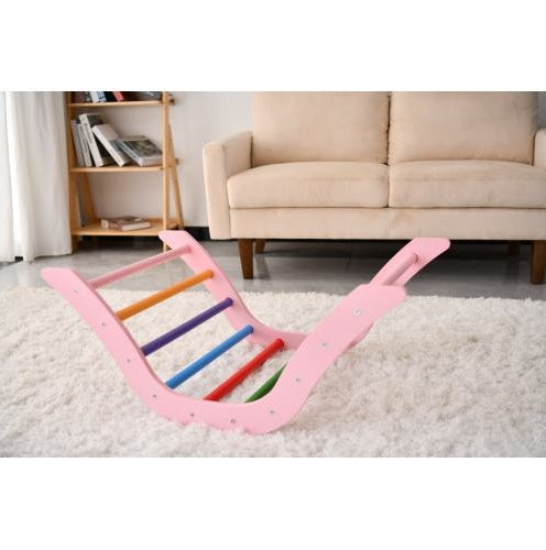 Foldable Pink Montessori Pikler Triangle Set – Indoor Wooden Climbing Toys for Toddlers
