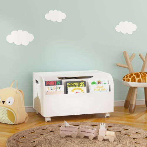 Wooden Toy Box with Wheels & Bookshelf – Kids' Storage Organizer with Flip-Top Lid & Safety Hinge
