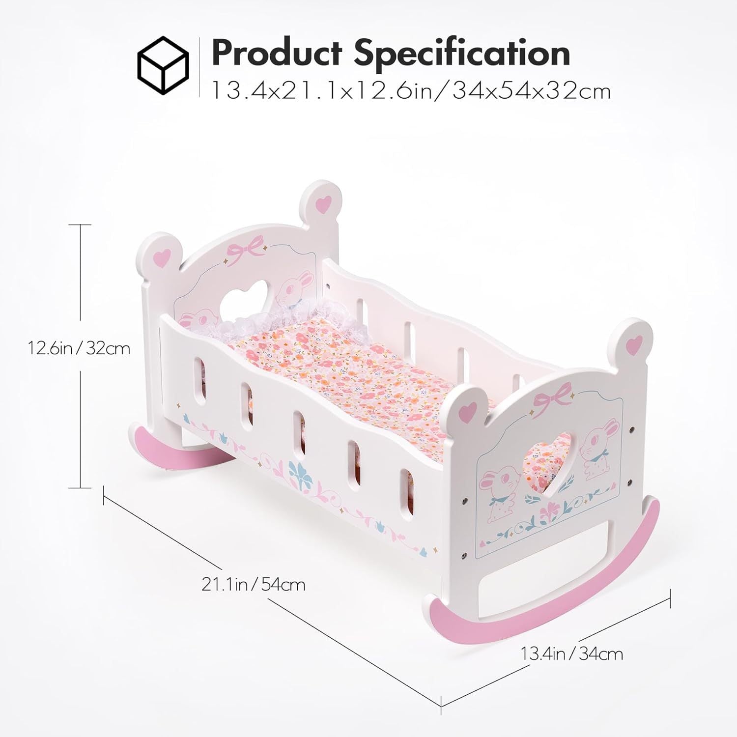 Doll Cradle Rocking Baby Doll Crib – Reversible Doll Bed for 18-inch Dolls, Fits Toddlers 1-3 Years, Pink