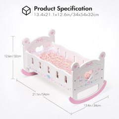 Doll Cradle Rocking Baby Doll Crib – Reversible Doll Bed for 18-inch Dolls, Fits Toddlers 1-3 Years, Pink