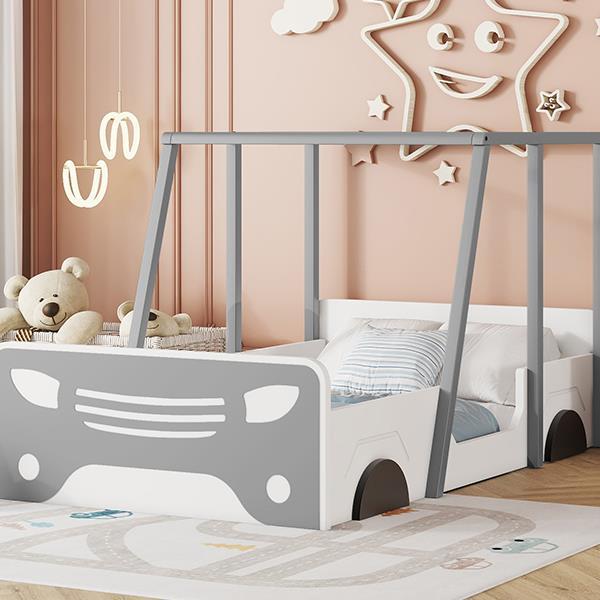 Double Car Bed with Roof & Wheels, Wooden Kids Bed, Montessori Style, White/Grey