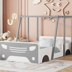 Double Car Bed with Roof & Wheels, Wooden Kids Bed, Montessori Style, White/Grey