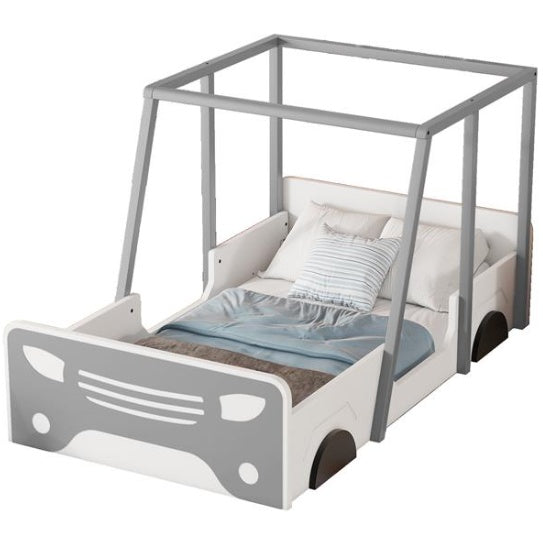 Double Car Bed with Roof & Wheels, Wooden Kids Bed, Montessori Style, White/Grey