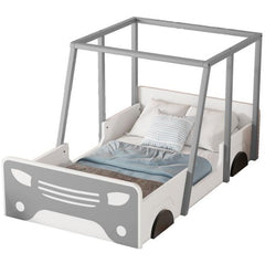 Double Car Bed with Roof & Wheels, Wooden Kids Bed, Montessori Style, White/Grey