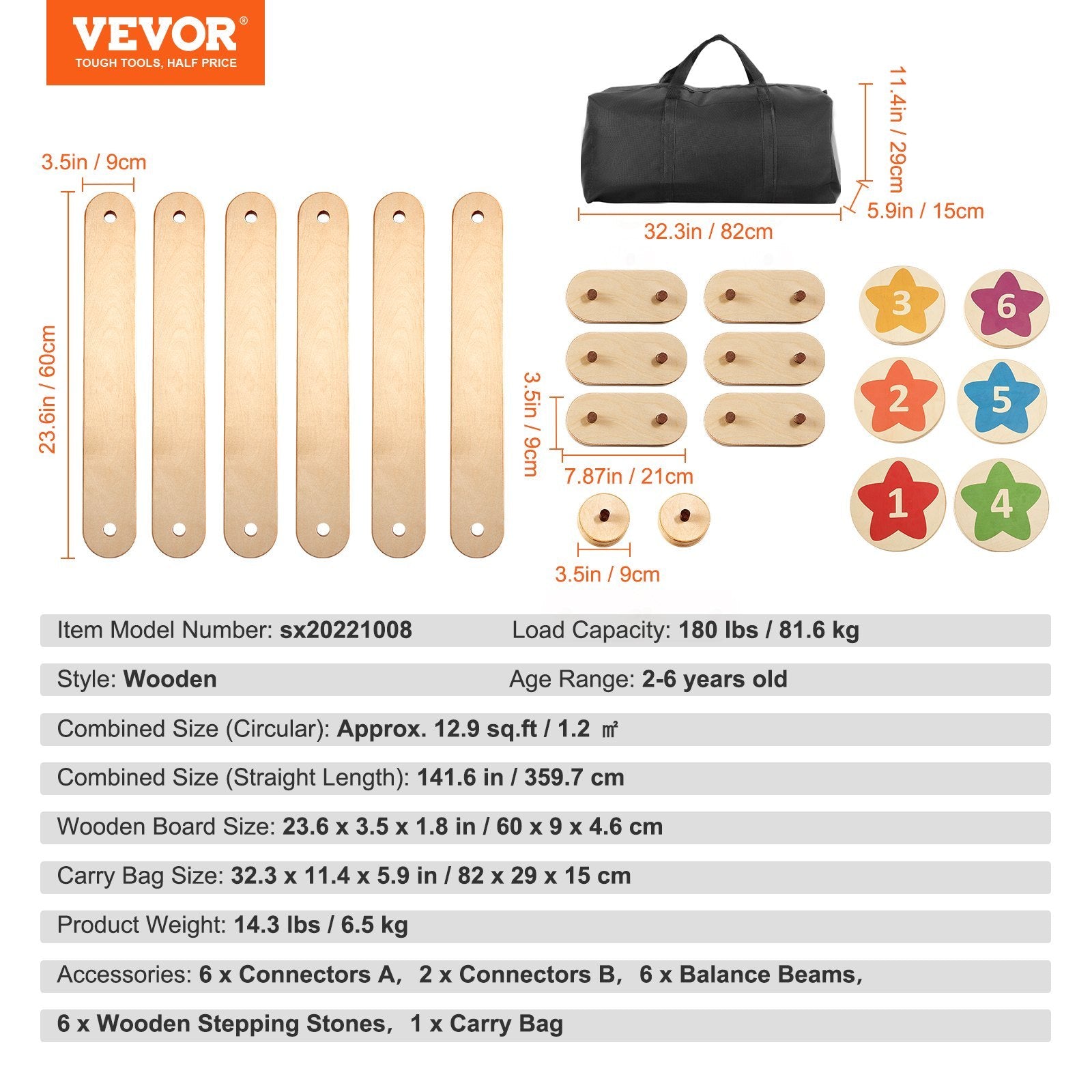 6-Piece Kids Wooden Balance Beam Set – Montessori Stepping Stones for Toddlers & Children Sx20221008