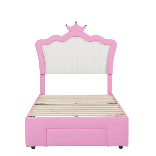 Twin Princess Bed Frame with Crown Headboard, LED Lights & Drawer, Upholstered Platform Bed, Pink/White