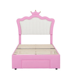 Twin Princess Bed Frame with Crown Headboard, LED Lights & Drawer, Upholstered Platform Bed, Pink/White