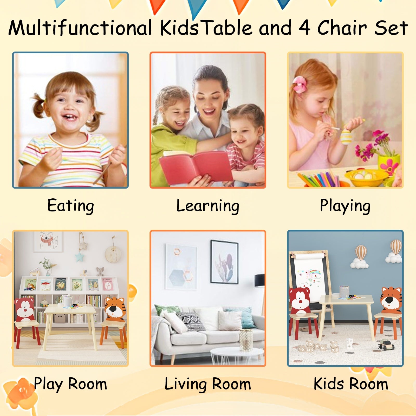 Kids Table and 2 Chairs Set – Bear & Tiger Design | Wooden 3-Piece Toddler Activity Play Table Set