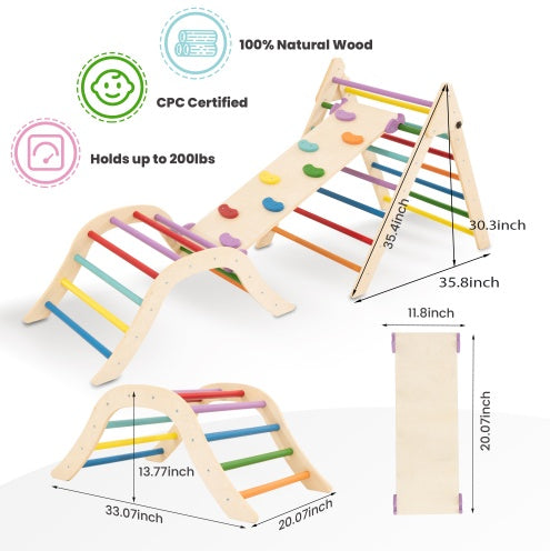 Foldable Pink Montessori Pikler Triangle Set – Indoor Wooden Climbing Toys for Toddlers