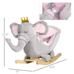 Baby Elephant Rocking Chair with Sound – Plush Toddler Rocker Toy, Safety Belt & Wooden Base – Ages 1.5–3 Years, Gray