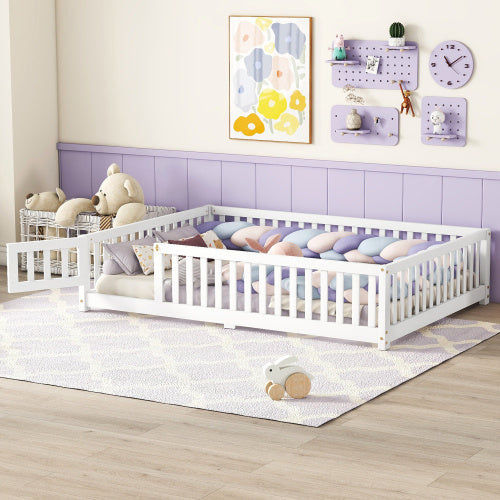 Full Size Floor Bed for Kids with Safety Guardrails & Door – Montessori Style, Solid Pine Wood, Low Profile Design for Independent Sleeping, White