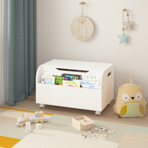 Wooden Toy Box with Wheels & Bookshelf – Kids' Storage Organizer with Flip-Top Lid & Safety Hinge