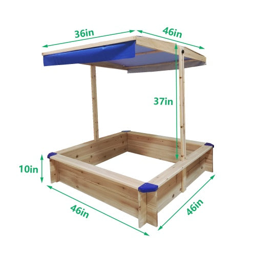 Kids Wooden Sandbox with Adjustable UV-Resistant Canopy – Outdoor Playset for Backyard Fun Natural color