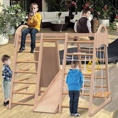 7-in-1 Indoor Wooden Jungle Gym Playground – Montessori Climbing Playset for Toddlers & Kids | Slide, Rock Climbing, Ladder & More