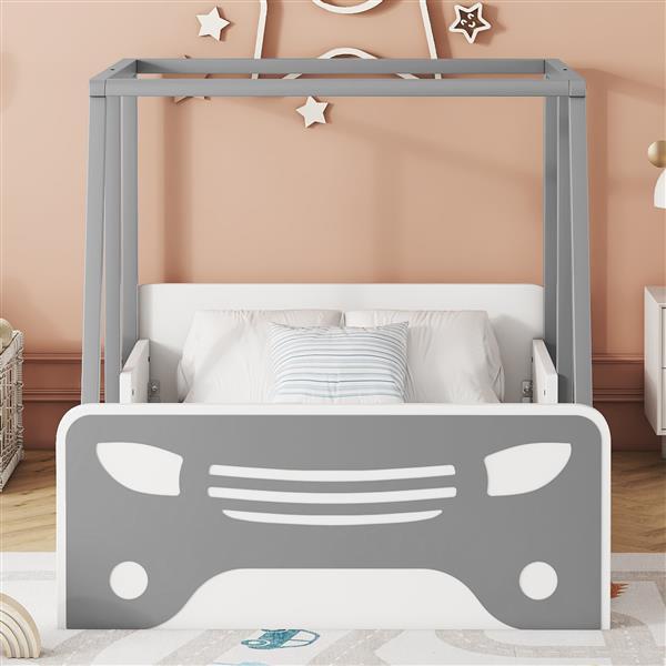Double Car Bed with Roof & Wheels, Wooden Kids Bed, Montessori Style, White/Grey