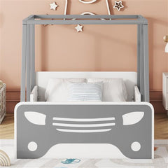 Double Car Bed with Roof & Wheels, Wooden Kids Bed, Montessori Style, White/Grey