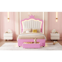 Twin Princess Bed Frame with Crown Headboard, LED Lights & Drawer, Upholstered Platform Bed, Pink/White